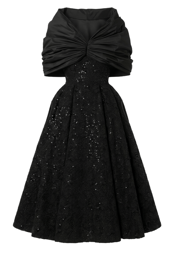 Runway Embellished Black Cocktail Dress with Draped Taffeta Cape - ALBOUSHIYA - district 5 - dubai - riyadh - abaya - dresses - designers - evening wear - luxury - elegance - craftsmanship - gowns - cocktail dresses - collections - georges