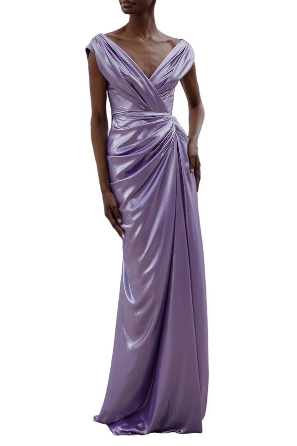 Saara Draped Glossy Chiffon Dress - ALBOUSHIYA - district 5 - dubai - riyadh - abaya - dresses - designers - evening wear - luxury - elegance - craftsmanship - gowns - cocktail dresses - collections - georges