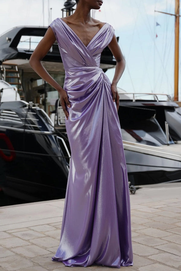 Saara Draped Glossy Chiffon Dress - ALBOUSHIYA - district 5 - dubai - riyadh - abaya - dresses - designers - evening wear - luxury - elegance - craftsmanship - gowns - cocktail dresses - collections - georges