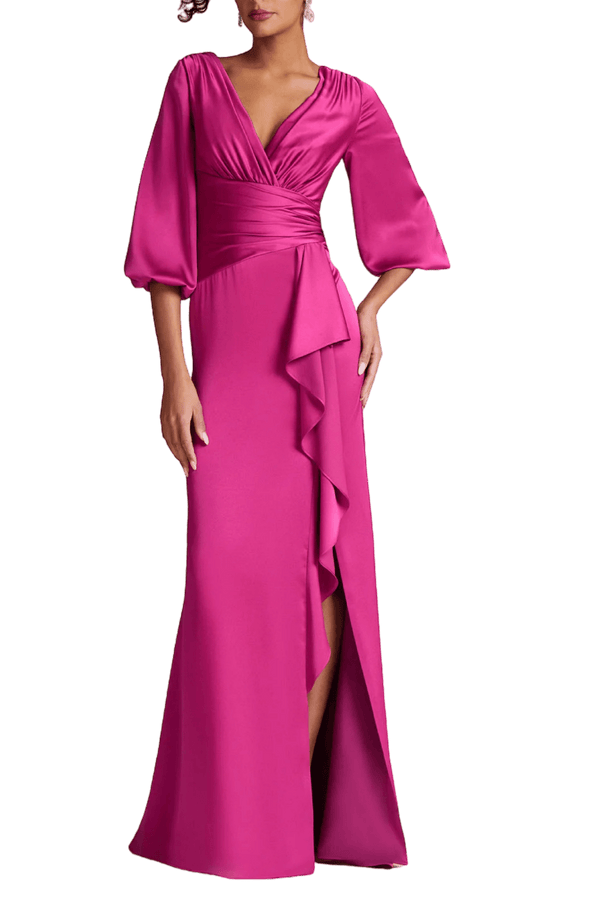 Satin Full Sleeve Side Drape Gown - ALBOUSHIYA - district 5 - dubai - riyadh - abaya - dresses - designers - evening wear - luxury - elegance - craftsmanship - gowns - cocktail dresses - collections - georges