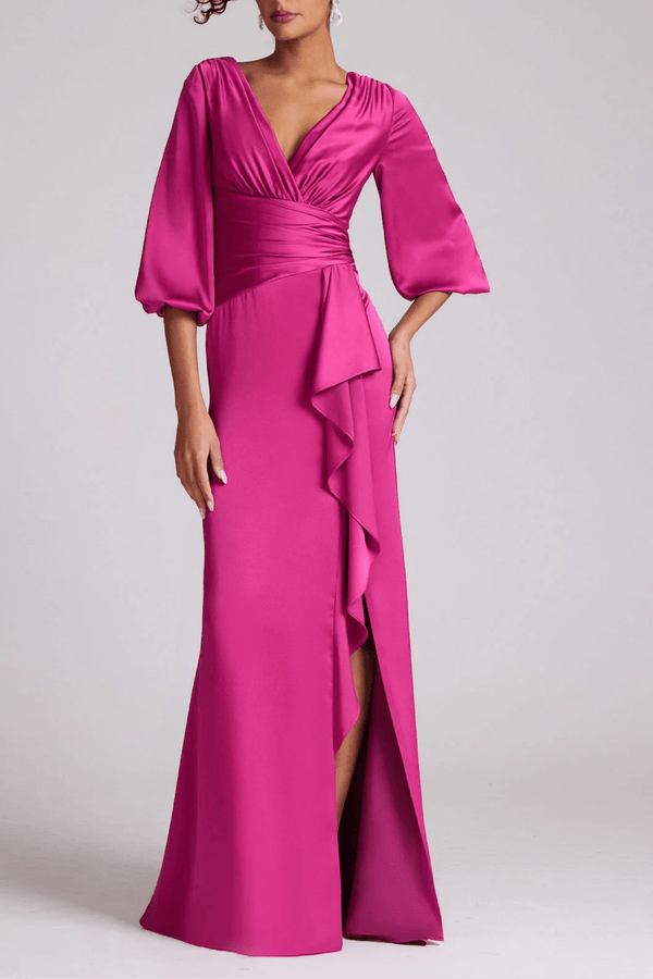Satin Full Sleeve Side Drape Gown - ALBOUSHIYA - district 5 - dubai - riyadh - abaya - dresses - designers - evening wear - luxury - elegance - craftsmanship - gowns - cocktail dresses - collections - georges