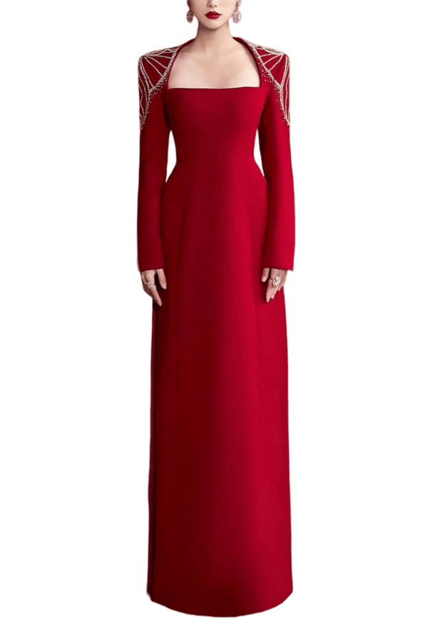 Scarlet Majesty Gown - ALBOUSHIYA - district 5 - dubai - riyadh - abaya - dresses - designers - evening wear - luxury - elegance - craftsmanship - gowns - cocktail dresses - collections - georges