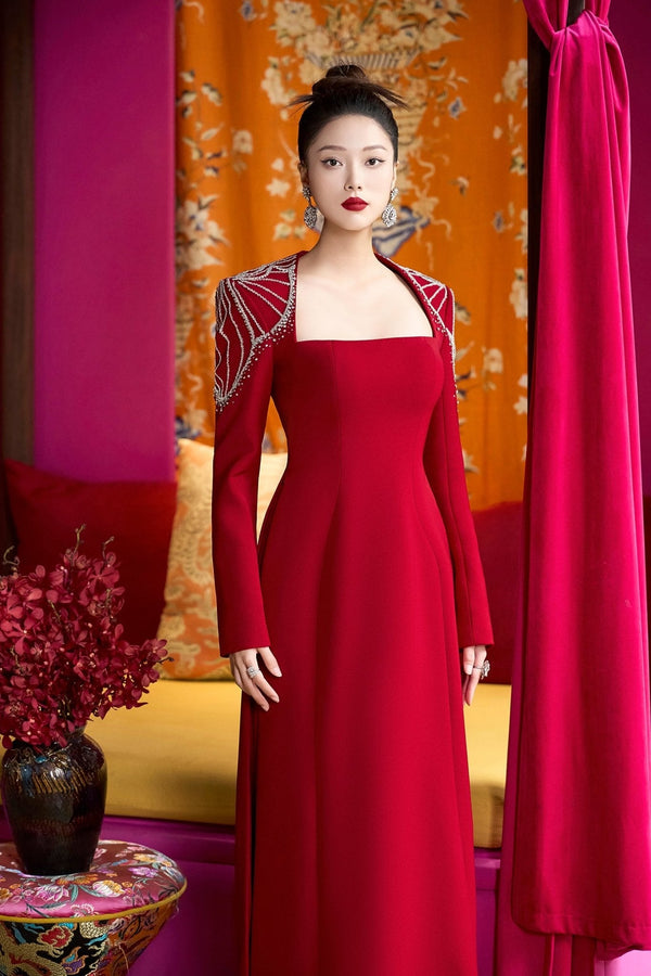 Scarlet Majesty Gown - ALBOUSHIYA - district 5 - dubai - riyadh - abaya - dresses - designers - evening wear - luxury - elegance - craftsmanship - gowns - cocktail dresses - collections - georges