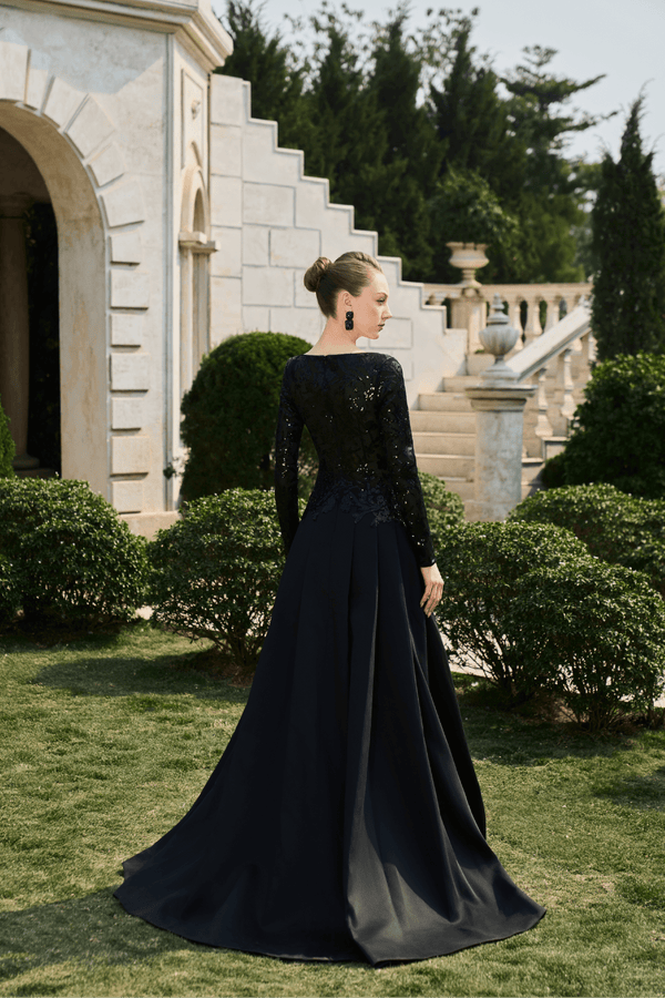 Sequin Bodice A - Line Gown - ALBOUSHIYA - district 5 - dubai - riyadh - abaya - dresses - designers - evening wear - luxury - elegance - craftsmanship - gowns - cocktail dresses - collections - georges