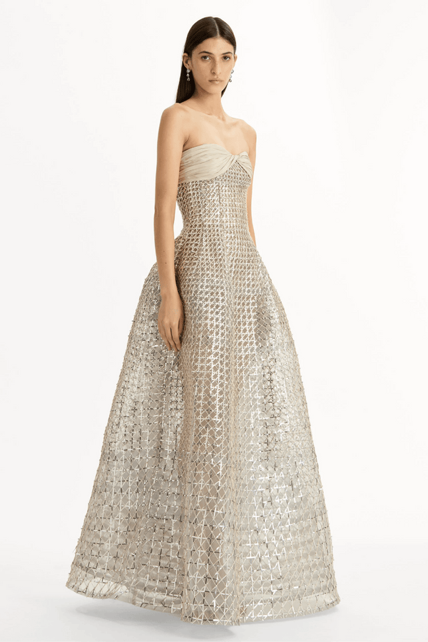 Sequin & Bugle Bead Lattice Gown - ALBOUSHIYA - district 5 - dubai - riyadh - abaya - dresses - designers - evening wear - luxury - elegance - craftsmanship - gowns - cocktail dresses - collections - georges