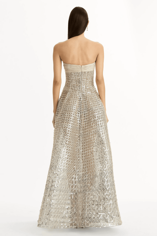 Sequin & Bugle Bead Lattice Gown - ALBOUSHIYA - district 5 - dubai - riyadh - abaya - dresses - designers - evening wear - luxury - elegance - craftsmanship - gowns - cocktail dresses - collections - georges