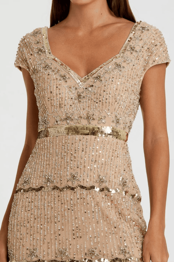 Sequin Cap Sleeve Sweetheart Column Gown - ALBOUSHIYA - district 5 - dubai - riyadh - abaya - dresses - designers - evening wear - luxury - elegance - craftsmanship - gowns - cocktail dresses - collections - georges