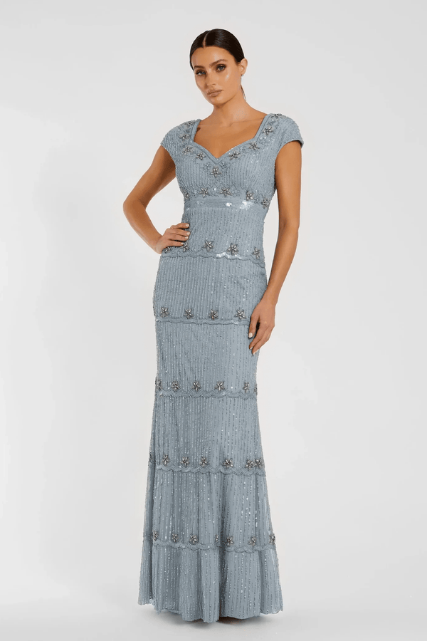 Sequin Cap Sleeve Sweetheart Column Gown - ALBOUSHIYA - district 5 - dubai - riyadh - abaya - dresses - designers - evening wear - luxury - elegance - craftsmanship - gowns - cocktail dresses - collections - georges