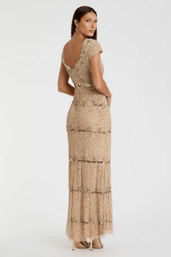 Sequin Cap Sleeve Sweetheart Column Gown - ALBOUSHIYA - district 5 - dubai - riyadh - abaya - dresses - designers - evening wear - luxury - elegance - craftsmanship - gowns - cocktail dresses - collections - georges