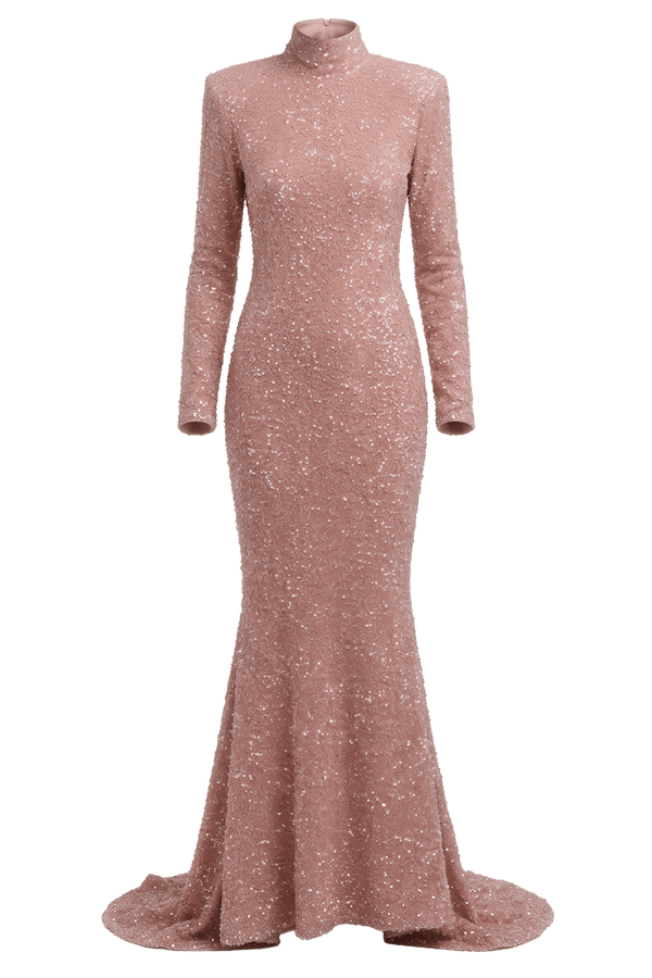 Sequin High - Neck Evening Gown - ALBOUSHIYA - district 5 - dubai - riyadh - abaya - dresses - designers - evening wear - luxury - elegance - craftsmanship - gowns - cocktail dresses - collections - georges