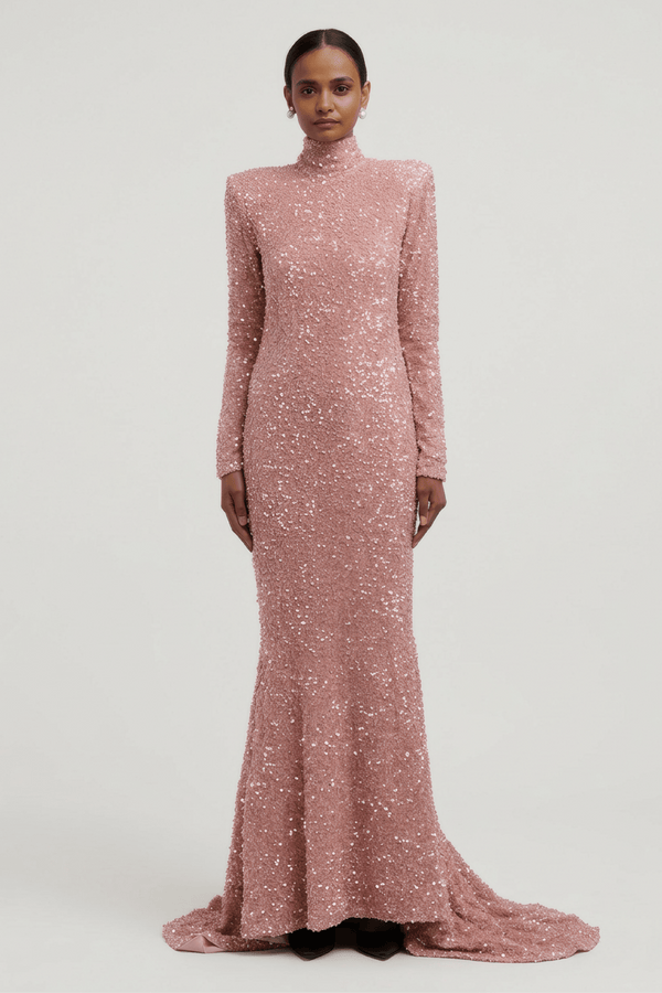 Sequin High - Neck Evening Gown - ALBOUSHIYA - district 5 - dubai - riyadh - abaya - dresses - designers - evening wear - luxury - elegance - craftsmanship - gowns - cocktail dresses - collections - georges