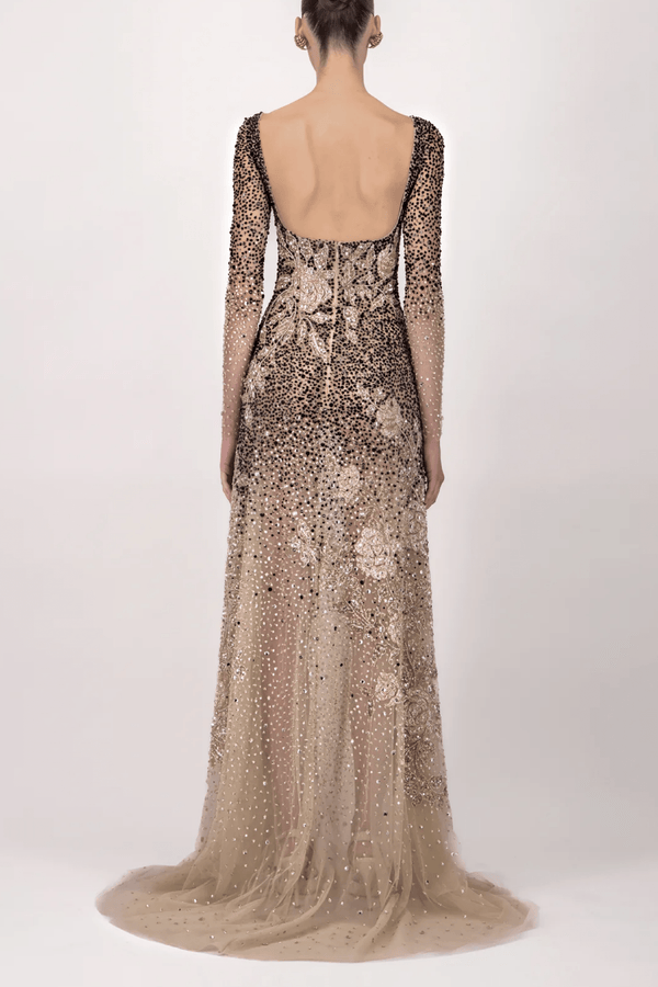 Sheer Long Sleeve Long Dress - ALBOUSHIYA - district 5 - dubai - riyadh - abaya - dresses - designers - evening wear - luxury - elegance - craftsmanship - gowns - cocktail dresses - collections - georges