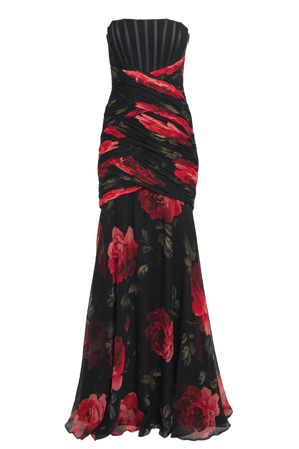 Silk Chiffon Floral Bustier Gown - ALBOUSHIYA - district 5 - dubai - riyadh - abaya - dresses - designers - evening wear - luxury - elegance - craftsmanship - gowns - cocktail dresses - collections - georges