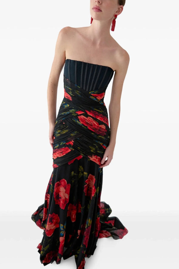 Silk Chiffon Floral Bustier Gown - ALBOUSHIYA - district 5 - dubai - riyadh - abaya - dresses - designers - evening wear - luxury - elegance - craftsmanship - gowns - cocktail dresses - collections - georges