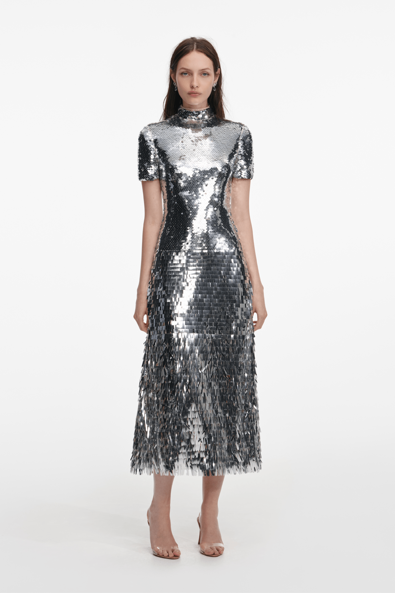 Silver Gradient Sequin Midi Dress - ALBOUSHIYA - district 5 - dubai - riyadh - abaya - dresses - designers - evening wear - luxury - elegance - craftsmanship - gowns - cocktail dresses - collections - georges