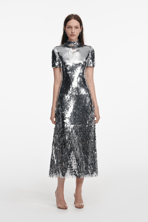 Silver Gradient Sequin Midi Dress - ALBOUSHIYA - district 5 - dubai - riyadh - abaya - dresses - designers - evening wear - luxury - elegance - craftsmanship - gowns - cocktail dresses - collections - georges