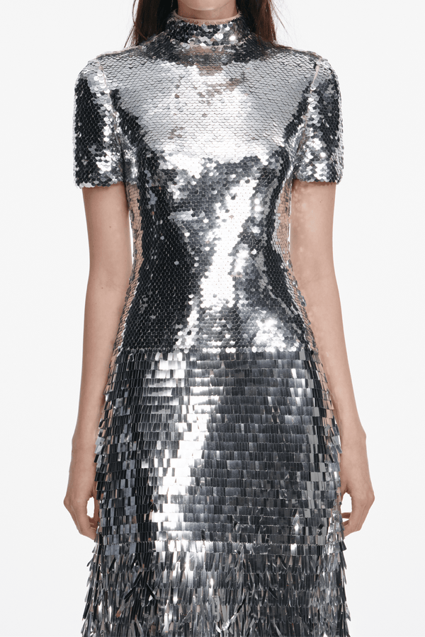 Silver Gradient Sequin Midi Dress - ALBOUSHIYA - district 5 - dubai - riyadh - abaya - dresses - designers - evening wear - luxury - elegance - craftsmanship - gowns - cocktail dresses - collections - georges