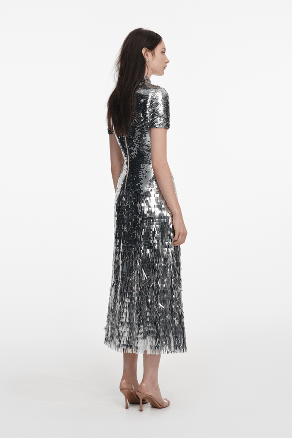 Silver Gradient Sequin Midi Dress - ALBOUSHIYA - district 5 - dubai - riyadh - abaya - dresses - designers - evening wear - luxury - elegance - craftsmanship - gowns - cocktail dresses - collections - georges