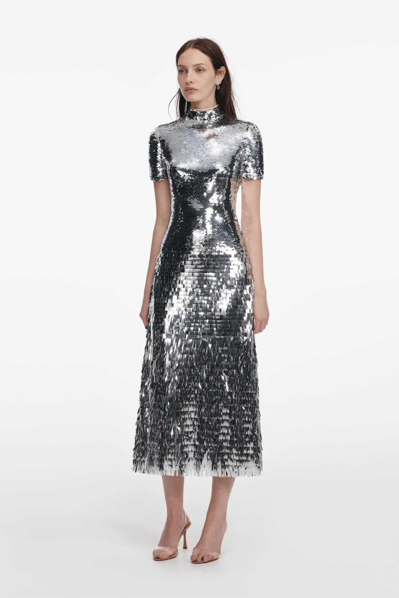 Silver Gradient Sequin Midi Dress - ALBOUSHIYA - district 5 - dubai - riyadh - abaya - dresses - designers - evening wear - luxury - elegance - craftsmanship - gowns - cocktail dresses - collections - georges