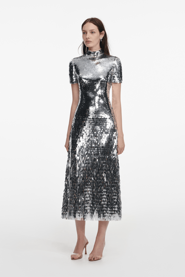 Silver Gradient Sequin Midi Dress - ALBOUSHIYA - district 5 - dubai - riyadh - abaya - dresses - designers - evening wear - luxury - elegance - craftsmanship - gowns - cocktail dresses - collections - georges