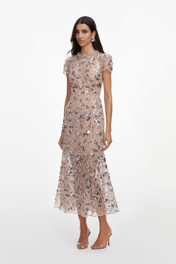 Silver Sequin Embellished Midi Dress - ALBOUSHIYA - district 5 - dubai - riyadh - abaya - dresses - designers - evening wear - luxury - elegance - craftsmanship - gowns - cocktail dresses - collections - georges