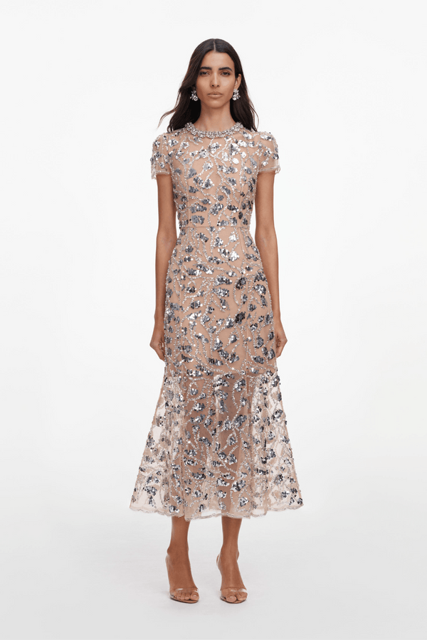 Silver Sequin Embellished Midi Dress - ALBOUSHIYA - district 5 - dubai - riyadh - abaya - dresses - designers - evening wear - luxury - elegance - craftsmanship - gowns - cocktail dresses - collections - georges