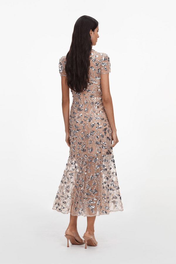 Silver Sequin Embellished Midi Dress - ALBOUSHIYA - district 5 - dubai - riyadh - abaya - dresses - designers - evening wear - luxury - elegance - craftsmanship - gowns - cocktail dresses - collections - georges