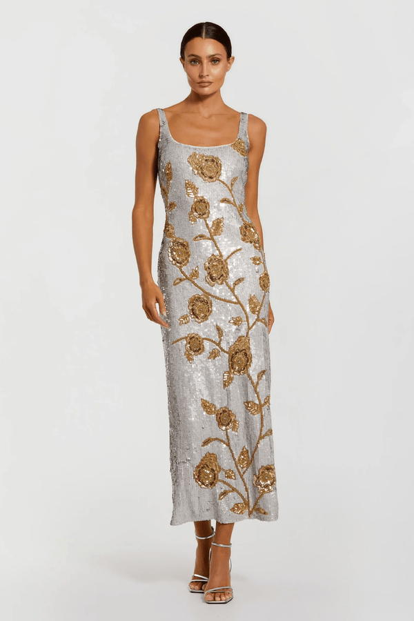 Silver Sleeveless Sequin Dress With Gold Floral Detail - ALBOUSHIYA - district 5 - dubai - riyadh - abaya - dresses - designers - evening wear - luxury - elegance - craftsmanship - gowns - cocktail dresses - collections - georges