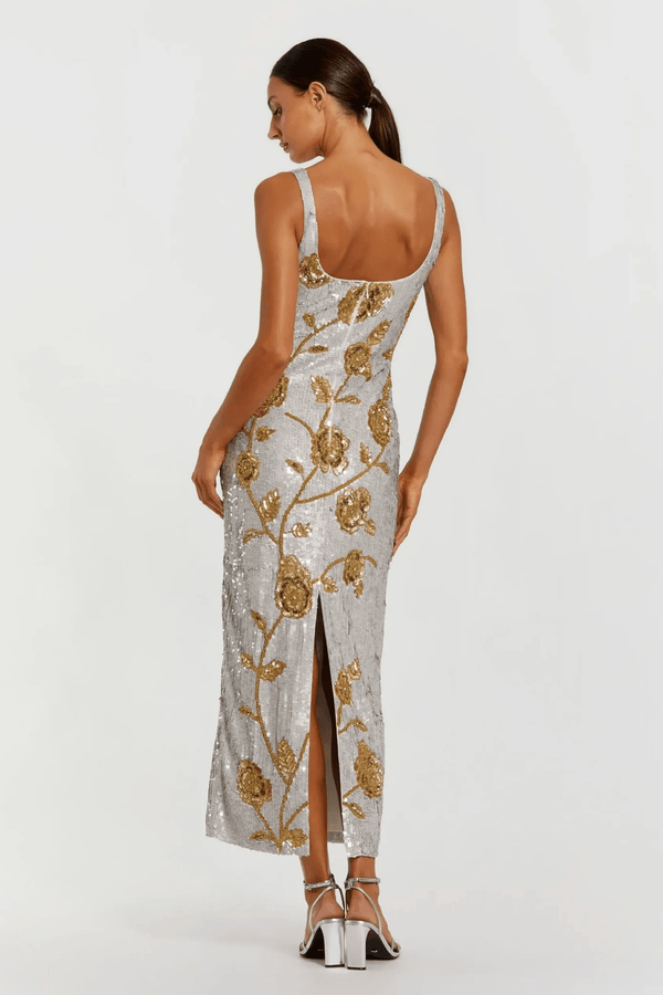 Silver Sleeveless Sequin Dress With Gold Floral Detail - ALBOUSHIYA - district 5 - dubai - riyadh - abaya - dresses - designers - evening wear - luxury - elegance - craftsmanship - gowns - cocktail dresses - collections - georges