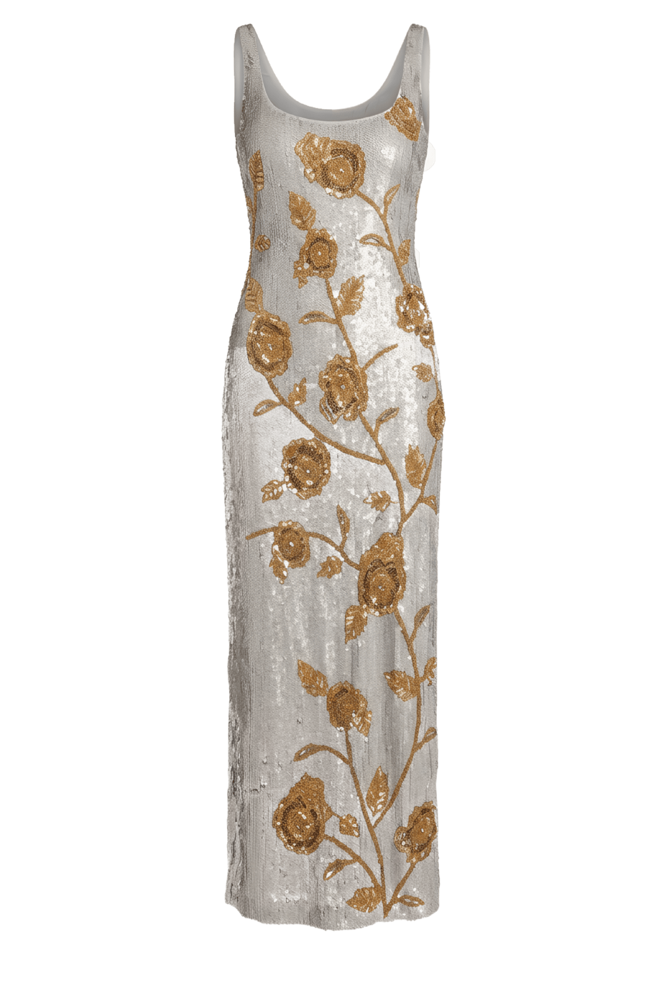 Silver Sleeveless Sequin Dress With Gold Floral Detail - ALBOUSHIYA - district 5 - dubai - riyadh - abaya - dresses - designers - evening wear - luxury - elegance - craftsmanship - gowns - cocktail dresses - collections - georges