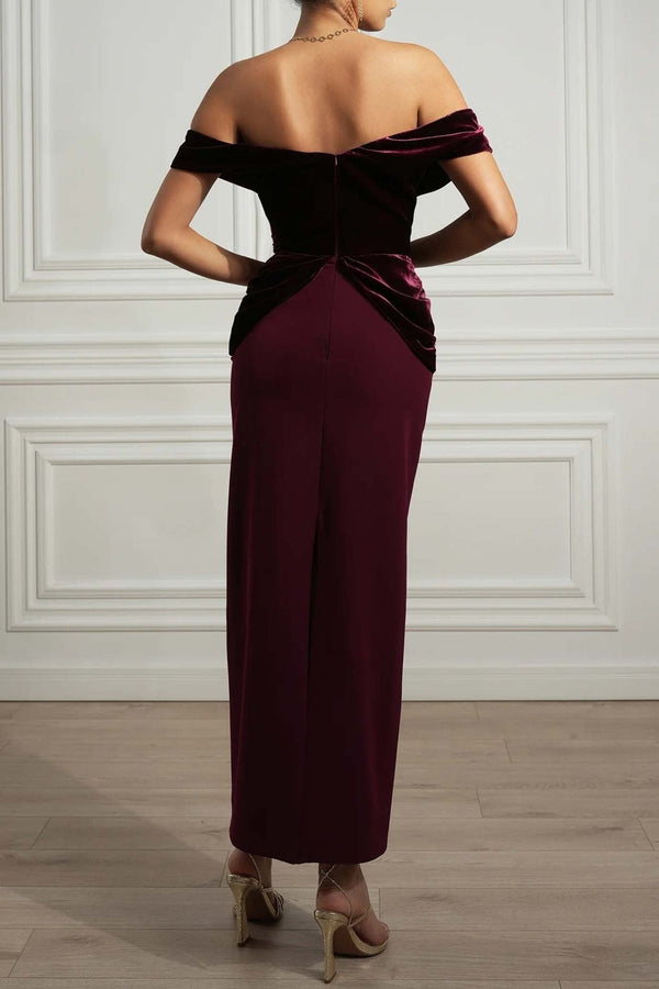 Siri Burgundy Velvet and Crepe Dress - ALBOUSHIYA - district 5 - dubai - riyadh - abaya - dresses - designers - evening wear - luxury - elegance - craftsmanship - gowns - cocktail dresses - collections - georges