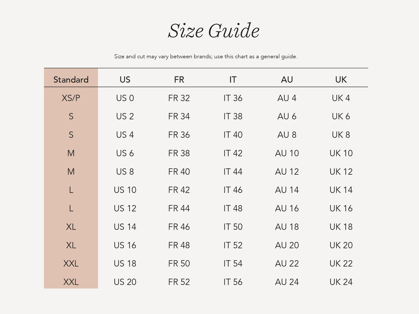 Alboushiya size chart