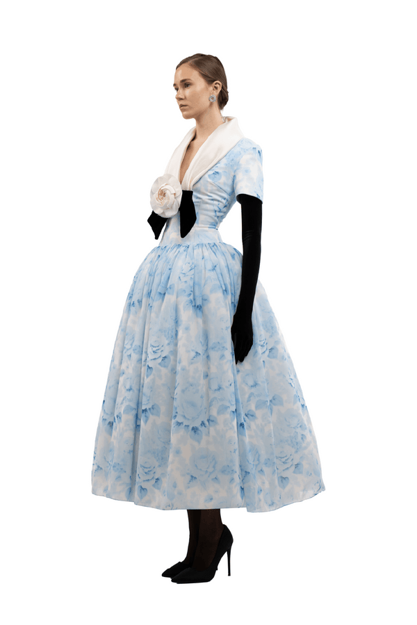 Sky Blue Rose Midi Dress - ALBOUSHIYA - district 5 - dubai - riyadh - abaya - dresses - designers - evening wear - luxury - elegance - craftsmanship - gowns - cocktail dresses - collections - georges
