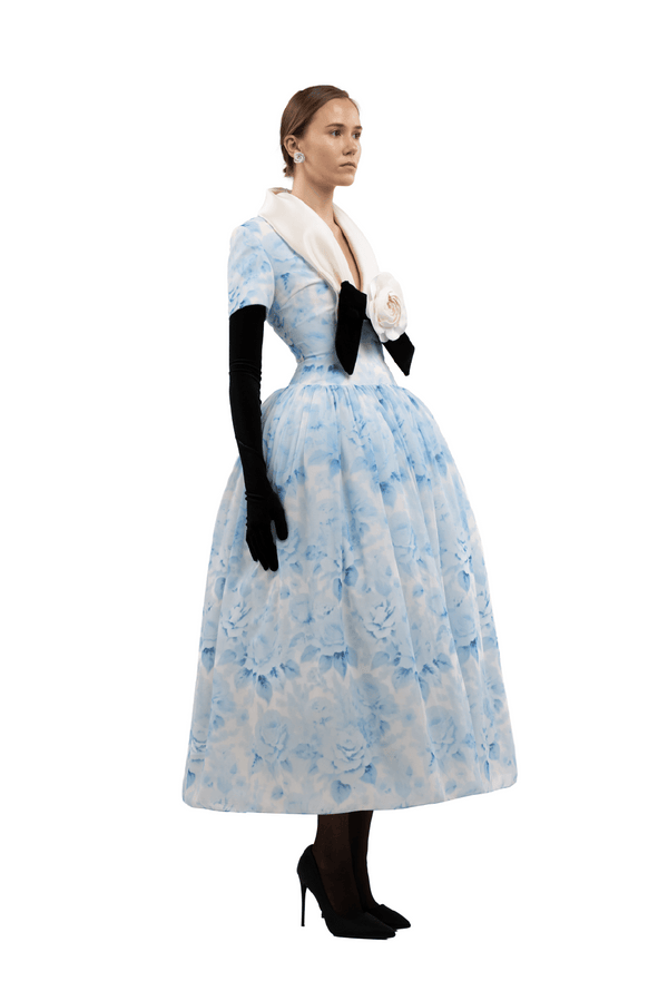 Sky Blue Rose Midi Dress - ALBOUSHIYA - district 5 - dubai - riyadh - abaya - dresses - designers - evening wear - luxury - elegance - craftsmanship - gowns - cocktail dresses - collections - georges