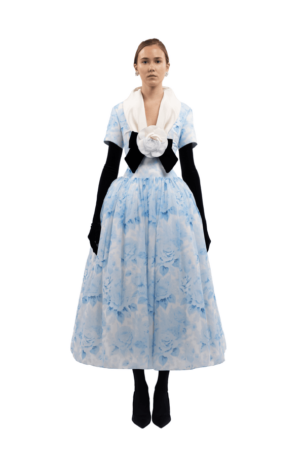 Sky Blue Rose Midi Dress - ALBOUSHIYA - district 5 - dubai - riyadh - abaya - dresses - designers - evening wear - luxury - elegance - craftsmanship - gowns - cocktail dresses - collections - georges