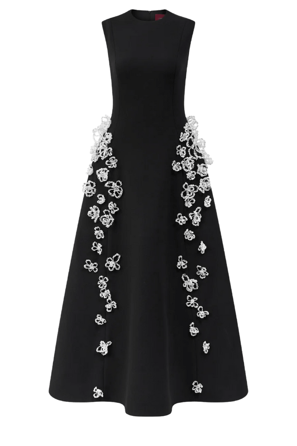 Sleeveless 3D Crystal Flared Midi Dress - ALBOUSHIYA - district 5 - dubai - riyadh - abaya - dresses - designers - evening wear - luxury - elegance - craftsmanship - gowns - cocktail dresses - collections - georges