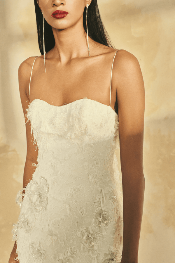 Spaghetti Strap 3D Crystal Floral Midi Dress - ALBOUSHIYA - district 5 - dubai - riyadh - abaya - dresses - designers - evening wear - luxury - elegance - craftsmanship - gowns - cocktail dresses - collections - georges