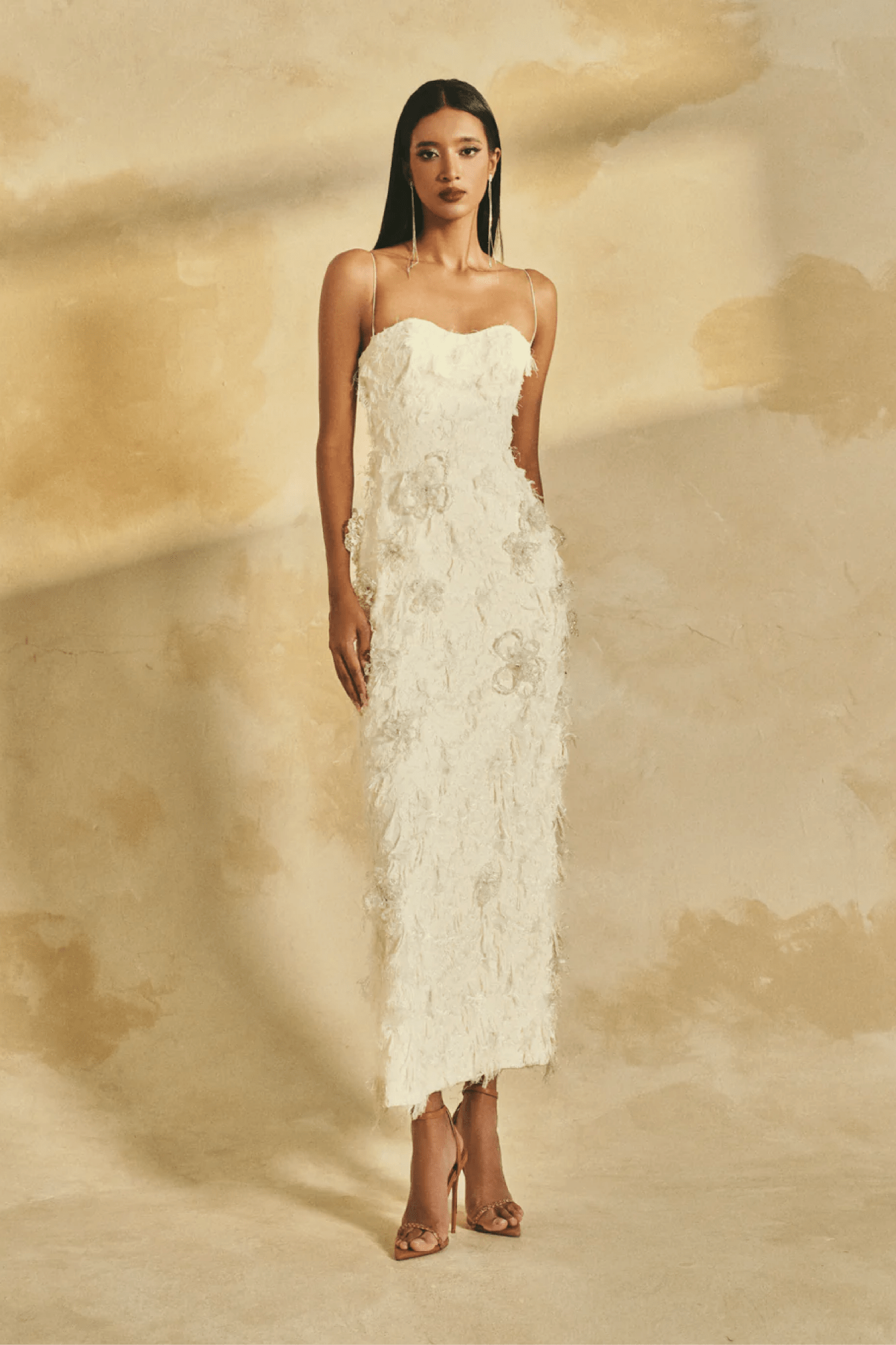 Spaghetti Strap 3D Crystal Floral Midi Dress - ALBOUSHIYA - district 5 - dubai - riyadh - abaya - dresses - designers - evening wear - luxury - elegance - craftsmanship - gowns - cocktail dresses - collections - georges