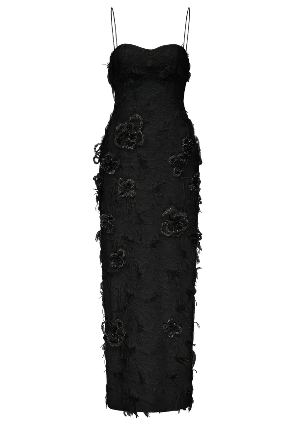 Spaghetti Strap 3D Crystal Floral Midi Dress - ALBOUSHIYA - district 5 - dubai - riyadh - abaya - dresses - designers - evening wear - luxury - elegance - craftsmanship - gowns - cocktail dresses - collections - georges