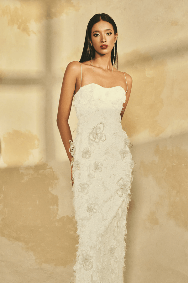 Spaghetti Strap 3D Crystal Floral Midi Dress - ALBOUSHIYA - district 5 - dubai - riyadh - abaya - dresses - designers - evening wear - luxury - elegance - craftsmanship - gowns - cocktail dresses - collections - georges