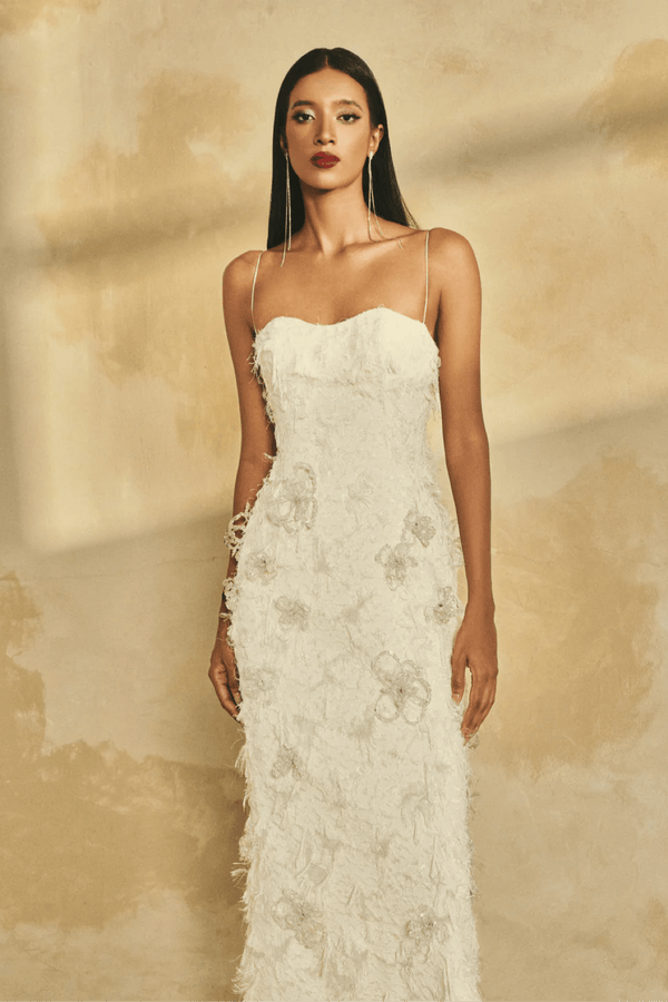 Spaghetti Strap 3D Crystal Floral Midi Dress - ALBOUSHIYA - district 5 - dubai - riyadh - abaya - dresses - designers - evening wear - luxury - elegance - craftsmanship - gowns - cocktail dresses - collections - georges