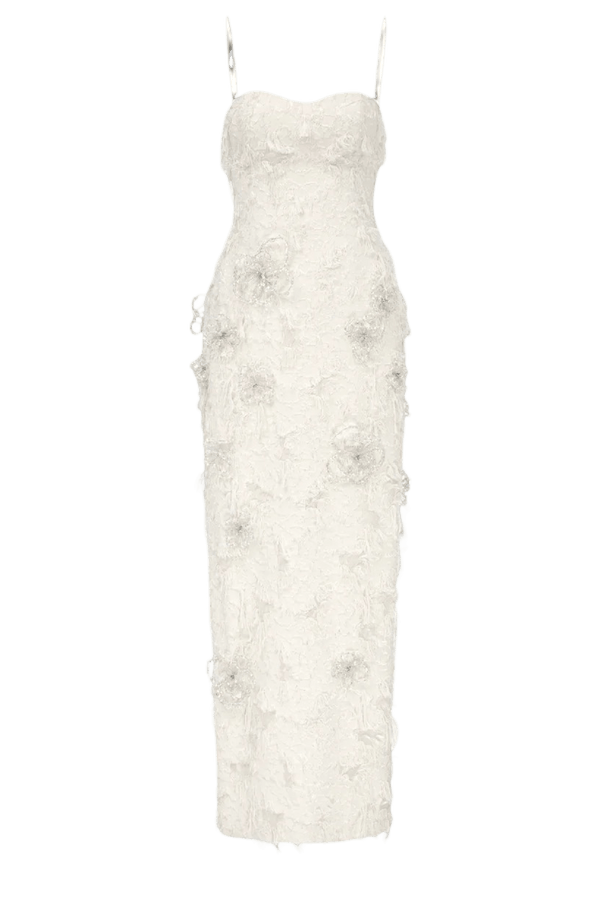 Spaghetti Strap 3D Crystal Floral Midi Dress - ALBOUSHIYA - district 5 - dubai - riyadh - abaya - dresses - designers - evening wear - luxury - elegance - craftsmanship - gowns - cocktail dresses - collections - georges