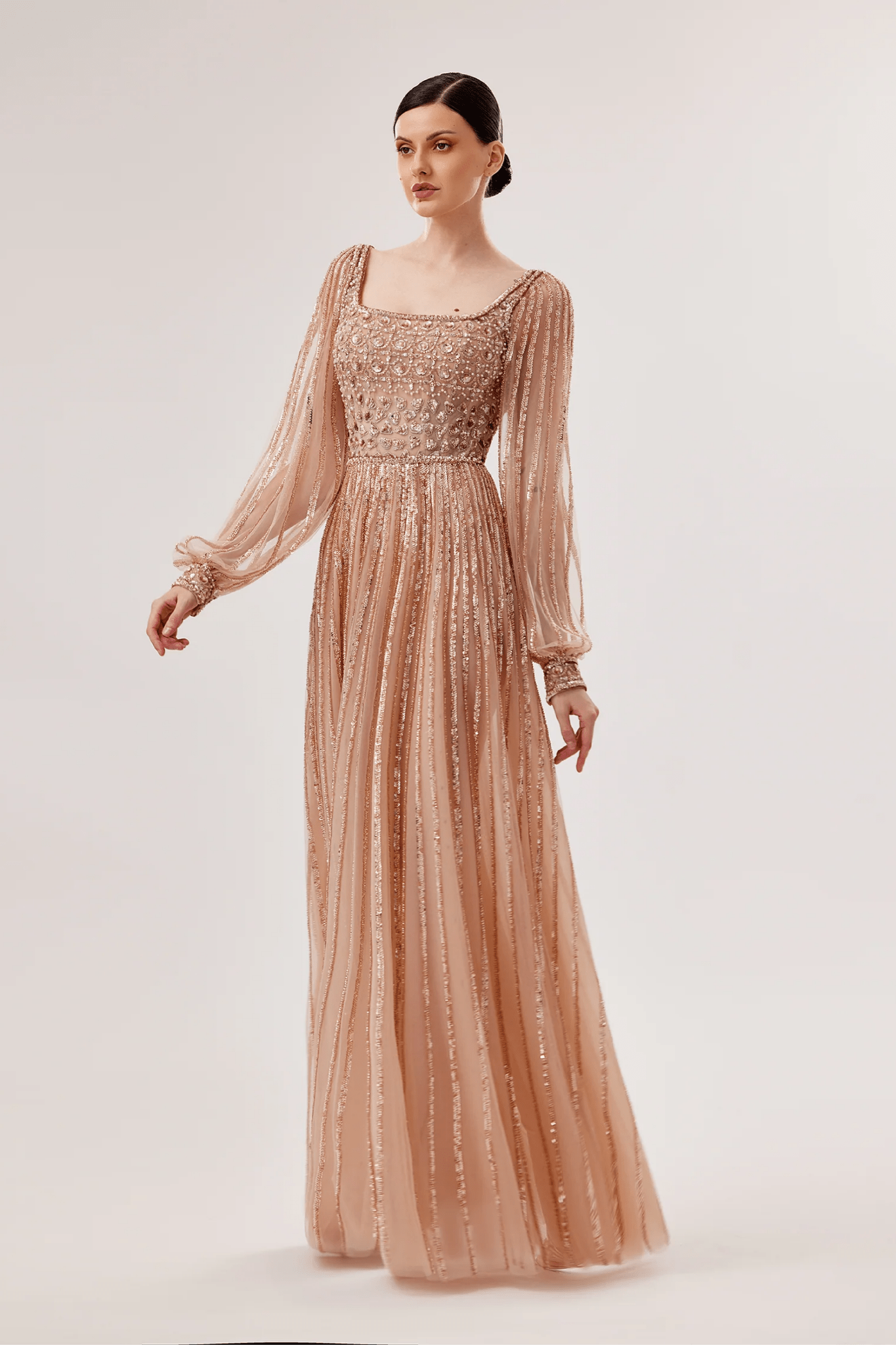 Square Neck Embellished Evening Gown - ALBOUSHIYA - district 5 - dubai - riyadh - abaya - dresses - designers - evening wear - luxury - elegance - craftsmanship - gowns - cocktail dresses - collections - georges