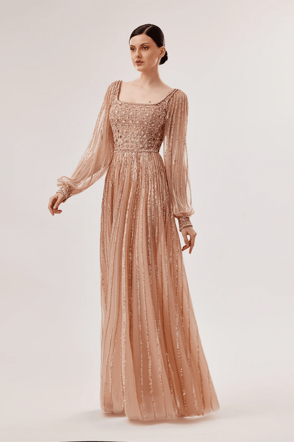 Square Neck Embellished Evening Gown - ALBOUSHIYA - district 5 - dubai - riyadh - abaya - dresses - designers - evening wear - luxury - elegance - craftsmanship - gowns - cocktail dresses - collections - georges