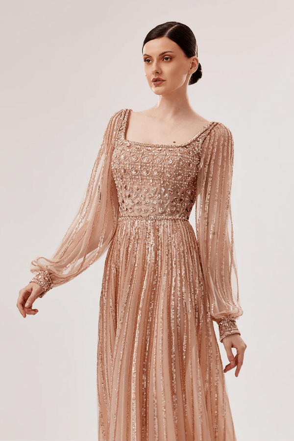 Square Neck Embellished Evening Gown - ALBOUSHIYA - district 5 - dubai - riyadh - abaya - dresses - designers - evening wear - luxury - elegance - craftsmanship - gowns - cocktail dresses - collections - georges