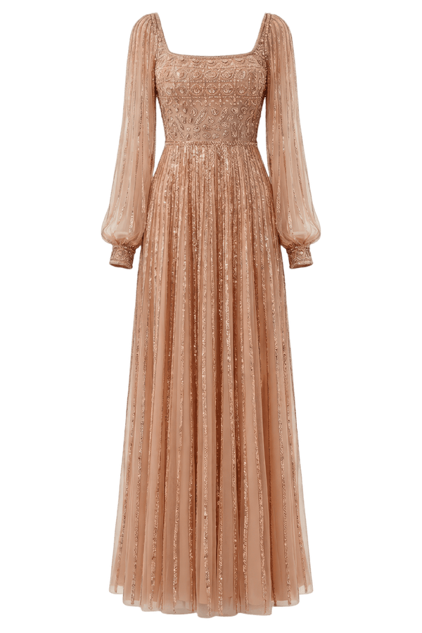 Square Neck Embellished Evening Gown - ALBOUSHIYA - district 5 - dubai - riyadh - abaya - dresses - designers - evening wear - luxury - elegance - craftsmanship - gowns - cocktail dresses - collections - georges