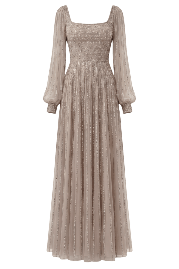 Square Neck Embellished Evening Gown - ALBOUSHIYA - district 5 - dubai - riyadh - abaya - dresses - designers - evening wear - luxury - elegance - craftsmanship - gowns - cocktail dresses - collections - georges