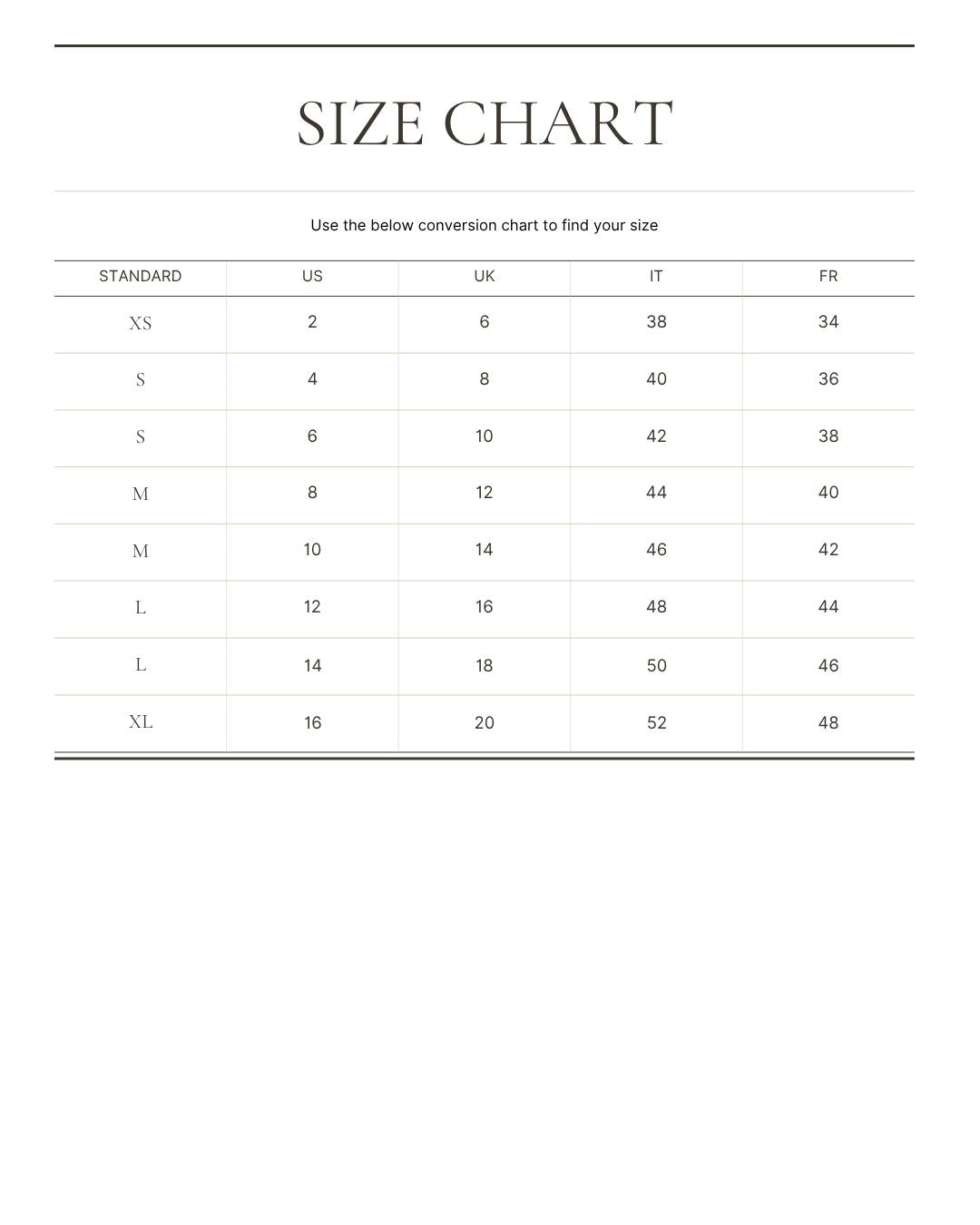 Alboushiya size chart