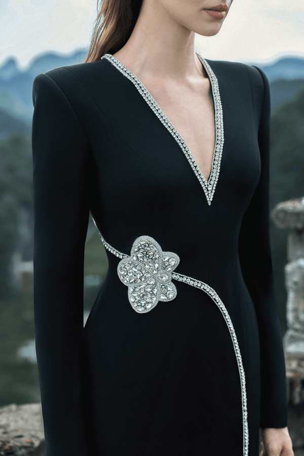 Stone Orchid Embellished V - Neck Dress - ALBOUSHIYA - district 5 - dubai - riyadh - abaya - dresses - designers - evening wear - luxury - elegance - craftsmanship - gowns - cocktail dresses - collections - georges