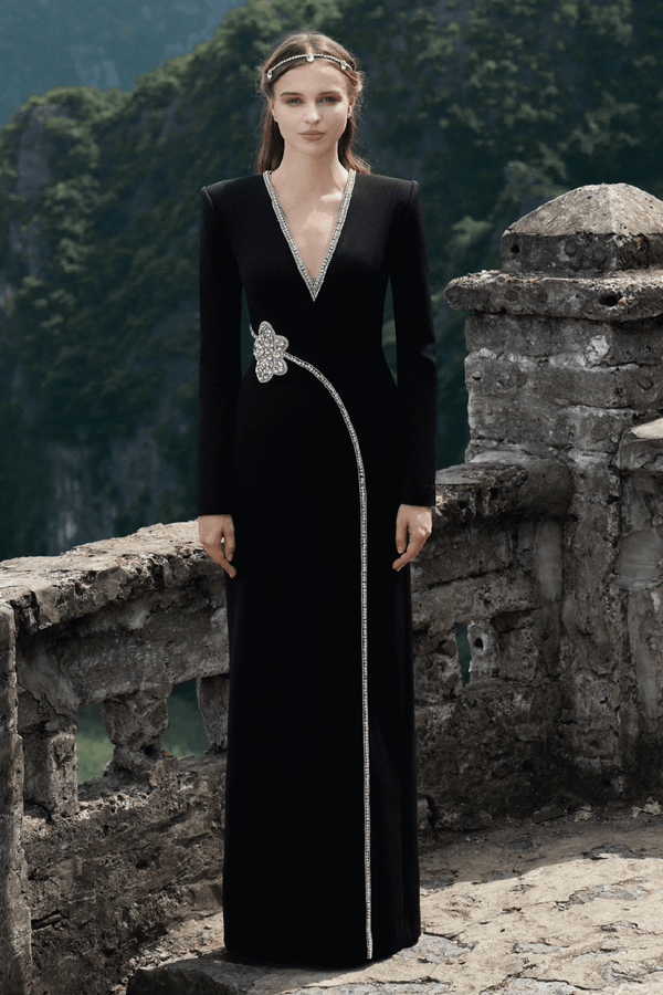 Stone Orchid Embellished V - Neck Dress - ALBOUSHIYA - district 5 - dubai - riyadh - abaya - dresses - designers - evening wear - luxury - elegance - craftsmanship - gowns - cocktail dresses - collections - georges